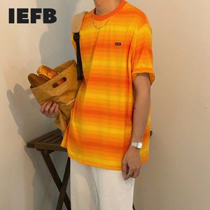 IEFB Harajuku Tie Gravador Gradiente Stripe Manga Curta T-shirt Homens Coreanos Coreanos Pescoço Redondo Loose Tee Casual Tops 9Y7427 210524