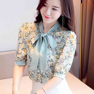 Blouses Shirts Floral Women's Clothing Summer Loose Chiffon Bow Puffed Half Sleeve Green Pink Top 118B 210420