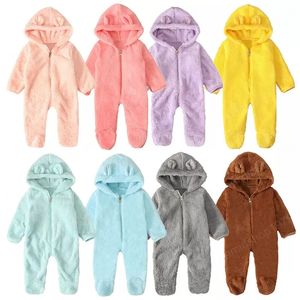 barn rompers tjejer pojkar solid färg dragkedja blomma spädbarn toddler hooded plus sammet wrap foot jumpsuits vårhöst vinter mode boutique baby kläder