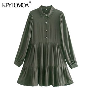 Women Chic Fashion With Buttons Pleated Mini Shirt Dress Vintage Lapel Collar Long Sleeve Female Dresses Vestidos 210416