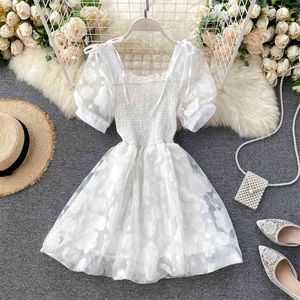 Летние женщины сладкий слоеный рукав лук высокая талия короткое платье белая печать заправить в A-Line Vestidos 210430