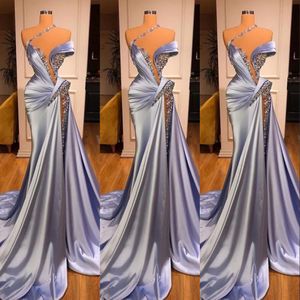 2021 Sexy African Prom Dresses Mermaid One Shoulder Keyhole Illusion Crystal Zroszony High Side Split Plus Size Court Train Formalne wieczorowe suknie wieczorowe