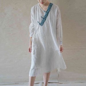Johnature Frauen Weiße Verbandkleider Vintage Ramie V-Ausschnitt Patchwork Farbe Knopf Frühling Chinesischen Stil Original Roben 210521