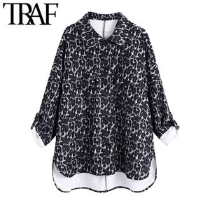 TRAF Women Fashion Oversized Leopard Print Asymmetric Jacket Coat Vintage Long Sleeve Pocket Female Outerwear Chic Tops 210415