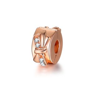 Passend für Pandora-Armbänder, 10 Stück, Roségold, Schleife, Schleife, Kristall, Herz, Abstandshalter, Anti-Drop-Clip-Schnalle, Charm-Perlenstopper-Perlen für Großhandels-DIY-Europäische Sterling-Halskette