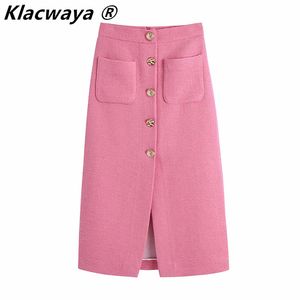 Kvinnor Midi Skirt Tweed Textured Pink Knappad Za Vintage High Waist Front Slits s Chic Back Zip 210521