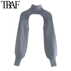TRAF Women Fashion Arm Warmers Gebreide Trui Vintage Turtleneck Lange Mouw Vrouwelijke Pullovers Chic Tops 210811