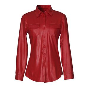 Women's Blouses & Shirts Women Faux Leather Blouse Red Black Long Sleeve Single-Breasted Buttons Office Ladies PU Shirt Casual Tops Clothing