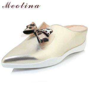 Meotina Summer Slispers女性のマレッター靴天然本物のレザーウェッジハイヒールの靴弓尖ったつま先スライドレディースサイズ34-39 210608