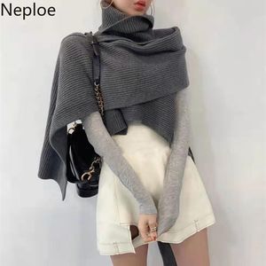 Koreański Wysoki Neck Moda Przylądek Dzianiny Szal Projekt Swetry Sweter Kobiety Solidne Nieregularne Temperament Pull Femme 49517 210422