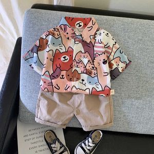 2021 New Summer Animal Cartoon Korean Version 0-4 Years Old Boy Lapel Shirt Short-sleeved Shorts Suit Cotton Male Baby G1023