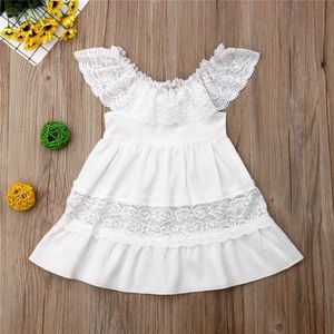 2020 Letnia Moda Maluch Dziewczyny Moda Ubrania Biała Koronka Kwiatowy Off Ramię Dress Kid Girl Casual Dress Outfit Q0716