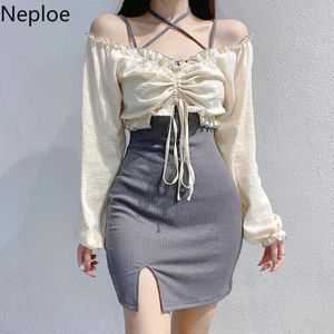 Casual Dresses Neploe Sexig Kvinna Klänning Halter Slim Split Vestidos Koreansk Fashion Bodycon Mini Vintage Ruffles Kort Toppar Ropa Mujer