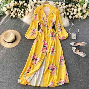 Mulheres retro impressão elegante moda sopro manga uma linha vestidos de festa primavera boêmio praia praia vestido longo 210430