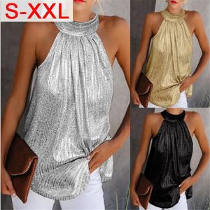 Kvinnor Mode Shiny Halter Neck Tank Toppar Vest Damer Sommar Casual Solid Färg Sleevelt Shirt Blouse Black Gold Silver X0507