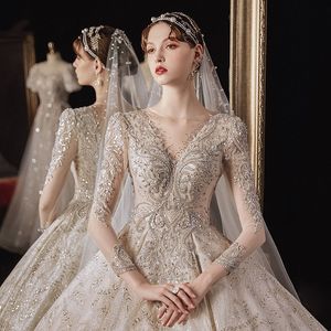 Elegant Ball Gown Wedding Dresses Long Sleeve V-Neck Beads Appliques Lace Arabic Wedding Bridal Gowns Crystal Vestidos De Novia