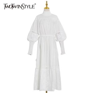 White Elegant Women's Dress Turtleneck Long Sleeve High Waist Hollow Out Midi Dresses Female Autumn Fashion 210520