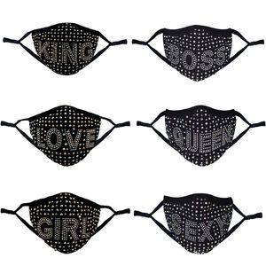 Designer rosto máscara sexy letra broca de algodão máscaras de poeira pm2.5 filtro lavável facemak rhinestone tipo