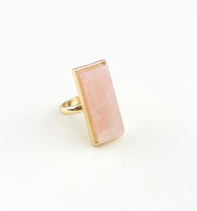 Fashion gold Plated rectangle Pink Rose Quartz Crystal Rings Geometric Natural Stone Ring for Women Jewelry gift MKI