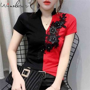 Kobiety Koszulki z krótkim rękawem Mandarin Collar Tee Tops Lato Chiński Kwiatowy Gniazdowy Projektowanie dla Lady T03606B 210421
