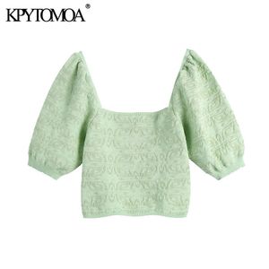 Women Fashion Jacquard Cropped Knitted Sweater Vintage Square Collar Puff Sleeve Female Pullovers Chic Tops 210416