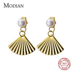 Fashion Real 925 Sterling Silver Jewelry Pearl Dangle Earrings for Women Pattern Sector Gold Color Cute Girl Gifts 210707