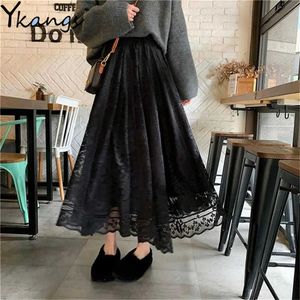 Black Bianco Pizzo Gonna Lunga Donne Moda Coreano Carino Elegante Ufficio A-Line Gonna Pieghelata Gonna Femminile Signora Semplice Vintage MAXI GIRT 210619