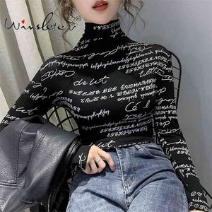 Vintage Drukuj Topy Litery Doodle T-shirt Kobiety Turtleneck Z Długim Rękawem Slim Stretch Tee Casual Clothing Spring T01407B 210720