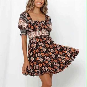 Bohemian sexy backless lace up dress tunic floral print dress women summer boho beach holiday ruffle elastic mini dress vestidos 210415