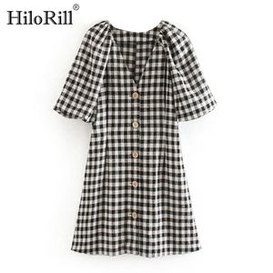 Women Plaid Cotton Mini Dresses Lantern Short Sleeve Casual Buttons Summer V Neck Holiday Beach Sundress 210508