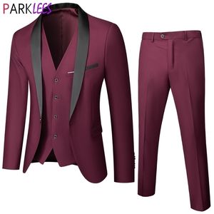 Męskie Formalne Business Slim Fit Wine Red 3PC Garnitury (Kurtka + Spodnie + Kamizelka) Marka Jeden przycisk Szal Kapelowy Kostium Homme S-6XL 210522