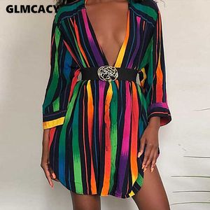 Kobiety Casual Color Block Rainbow Sexy Turn Down Collar Paski Tropical Night Club Holiday Beach Moda Koszula Dresses 210702