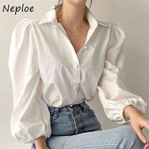 Skręć kołnierz puff z długim rękawem pojedyncze bluzka piersi Kobiety work w stylu OL Simple Blusas Spring Shirt Feminino 210422