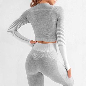 Seamlrib Yoga Set Sport Outfits Kvinnor Två 2 Styck Torr Fit Tight Långärmad Skörd Top + Leggings Workout Gym Passar Fitnsets x0629