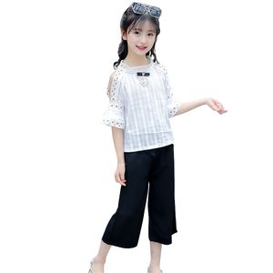 Abbigliamento per ragazze adolescenti Camicetta di pizzo + pantaloni Fiocco Set estivo Tuta stile casual Bambini 6 8 10 12 14 210527