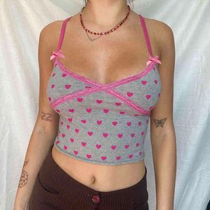 Sweet Pink Heart Print Lace Patched Y2K Top With Thin Strap Backless New Trend Summer Cute Sleeveless Crop Cami Outfits 210415
