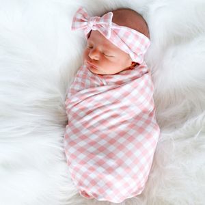 Nyfödd baby swaddle filt med bowknot headbands flickor spädbarn rosa rutnät plaid swaddling wrap 2pcs set fotografering rekvisita bhb35