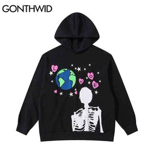 GONTHWID Hip Hop Hoodie Sweatshirt Streetwear Earth Skeleton Print Punk Gothic Hooded Winter Harajuku Cotton Pullover Black 211106