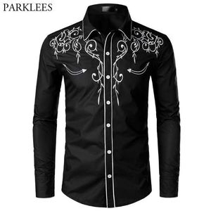 Stylish Western Cowboy Shirt Men Brand Design Embroidery Slim Fit Casual Long Sleeve Shirts Mens Wedding Party Shirt for Male P0812