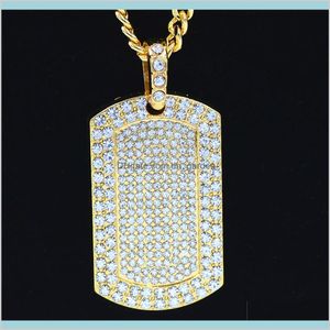 Mens Jewelry Vintage Filled Iced Out Rhinestone Gold Color Charm Square Dog Tag Necklace With Cuban Chain Hip Hop Bam2H Necklaces Bzt9N