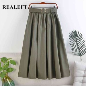Realeft Autumn Winter Faux Pu-Leather Mi-Long Skirts High WAISTエレガントな新しいAラインシックミッドカルフ傘スカート210412