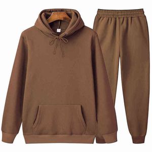 2021 Höst och vinter Märke Män Solid Färg Casual Sats 2 Styck / Set Fitness Casual Sportbyxor Hoodie Top med byxor Mens Set G1222