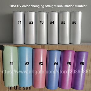 20oz UV Color Changing Straight Sublimation Tumblers Sun Light Sensing Skinny Cylinder Water Tumbler With Plastic Straw