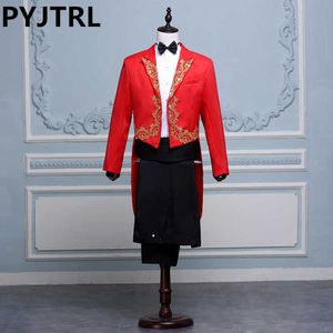 (Giacca + Pantaloni) Nero Bianco Rosso Cantante Spettacolo teatrale Cerimonie ospitanti Smoking Classico Matrimonio Abiti da uomo con pantaloni Uomo Frac X0909