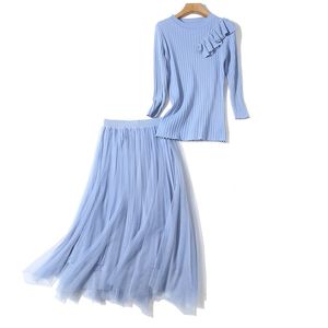 Spring Sweet Light Blue Ruffles Pearls Sweater Two-Pieces Women Elegant Pullover Toppar + Mesh Pleated Long Kjol Set Outfitd 210416