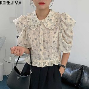 Korejpaa Camicia da donna Estate Corea Chic Femminile Retro Temperamento Collare per bambola Orecchio di legno Cucitura Manica a sbuffo Camicetta floreale 210526