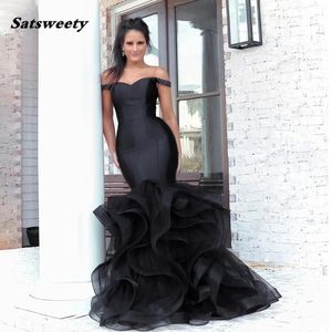 Elegant Black Mermaid Long Prom Dresses Ruffles Organza Off The Shoulder Sexy Graduation Dress Plus Size Party Gowns