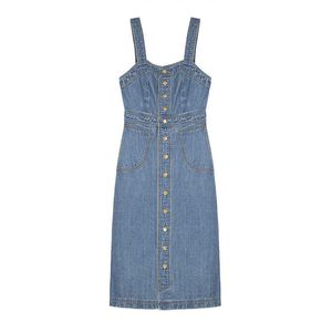 Kanske din blå denim knäppa band ärmlös knapp mantel knapp midi klänning sommar d0553 210529