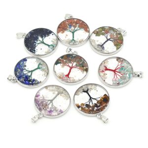 gravel Natural Stone Tree of Life Pattern Glass Round Charms Rose Quartz Healing Reiki Crystal Pendant DIY Necklace Earrings Women Fashion Jewelry Finding