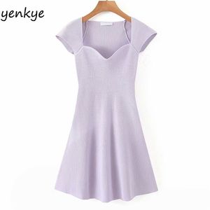 Vintage Candy-color Sexy Knit Dress Women Short Sleeve A-line Mini Casual Summer vestido XDS6705 210514